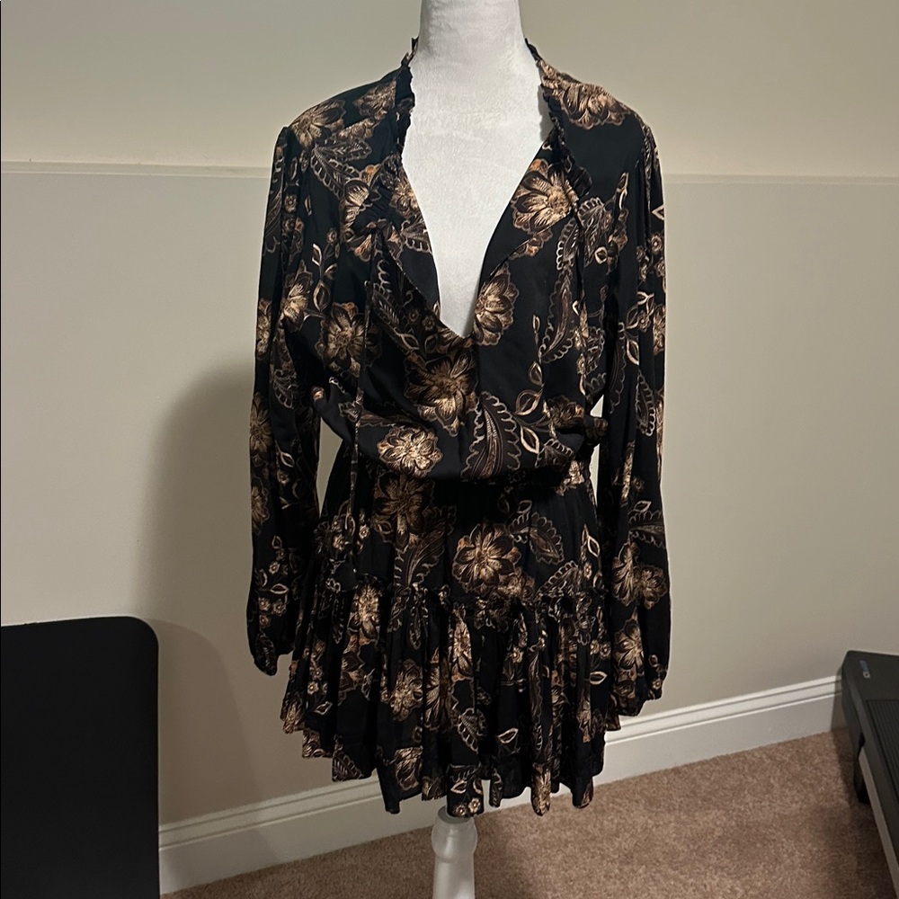Misa Los Angeles Black and Gold Floral Mini Dress